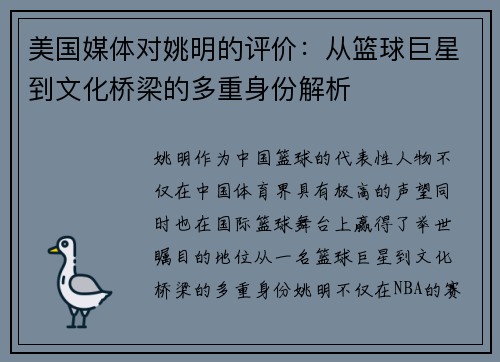 美国媒体对姚明的评价：从篮球巨星到文化桥梁的多重身份解析